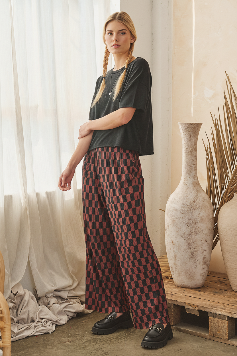 Retro Checkered Wide Leg Pants - Brown + Black