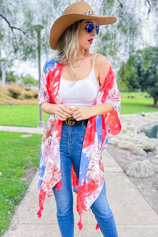 Coral Multi Tie Dye Printed Kimono Cover Up With Tassel