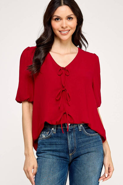Solid Tie Front Blouse
