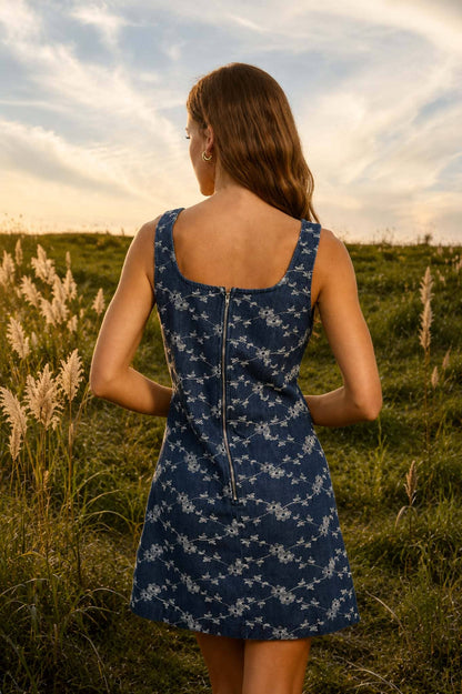 Blu Pepper - Floral Embroidery Denim Mini Dress