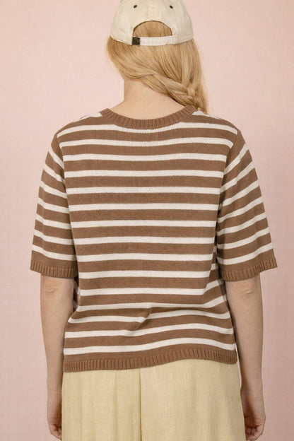 Stripe Button Down Knit Sweater Top - Taupe