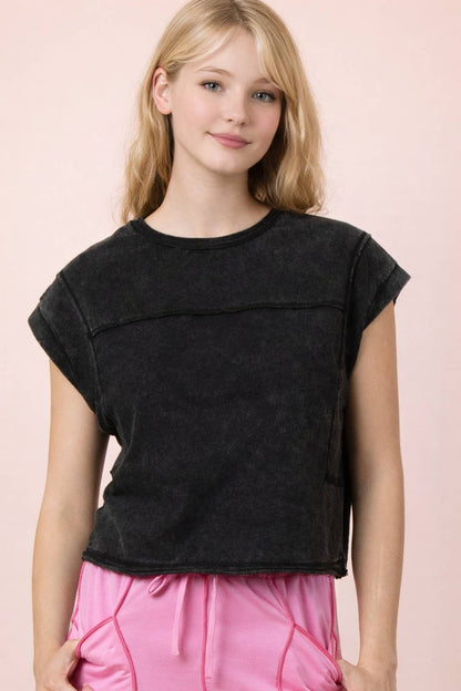New Me - Mineral Washed Sleeveless Casual Knit Cropped Top - Black