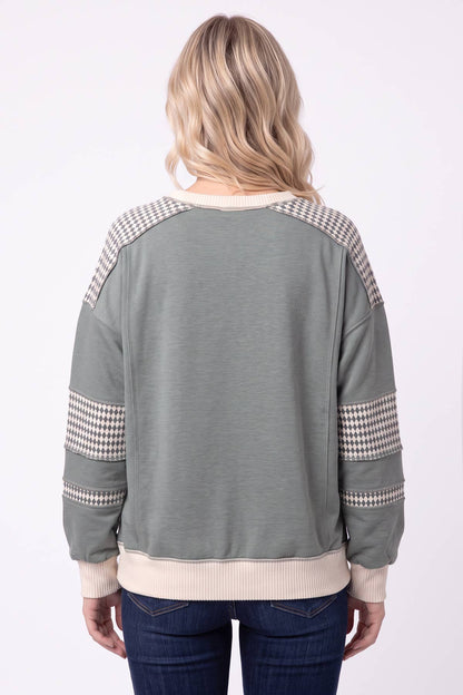 7th Ray - Color Block Houndstooth Contrast Sweatshirt