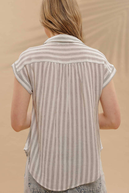 STRIPE COLLARED CUFF SLEEVE LIGHTWEIGHT SHIRT
