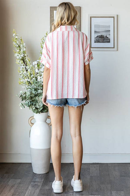 Stripe Button Down Cuff Short Sleeve Blouse