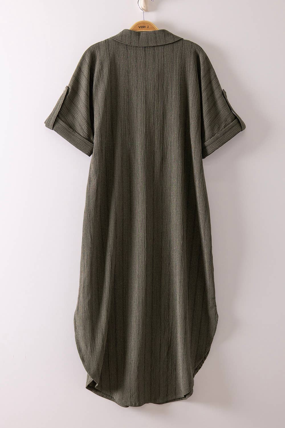 Striped Linen Midi Button Down Shirt Dress: OLIVE