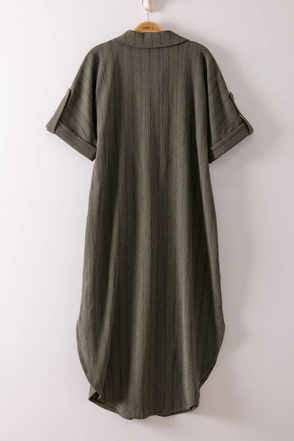 Striped Linen Midi Button Down Shirt Dress: OLIVE