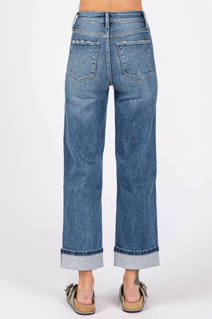 Medium High Rise Stretch Relaxed Straight w/ Cuffed Hem Jeans