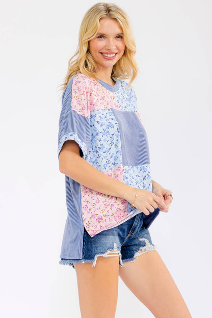 Floral Patchwork Short Sleeve Top Blue