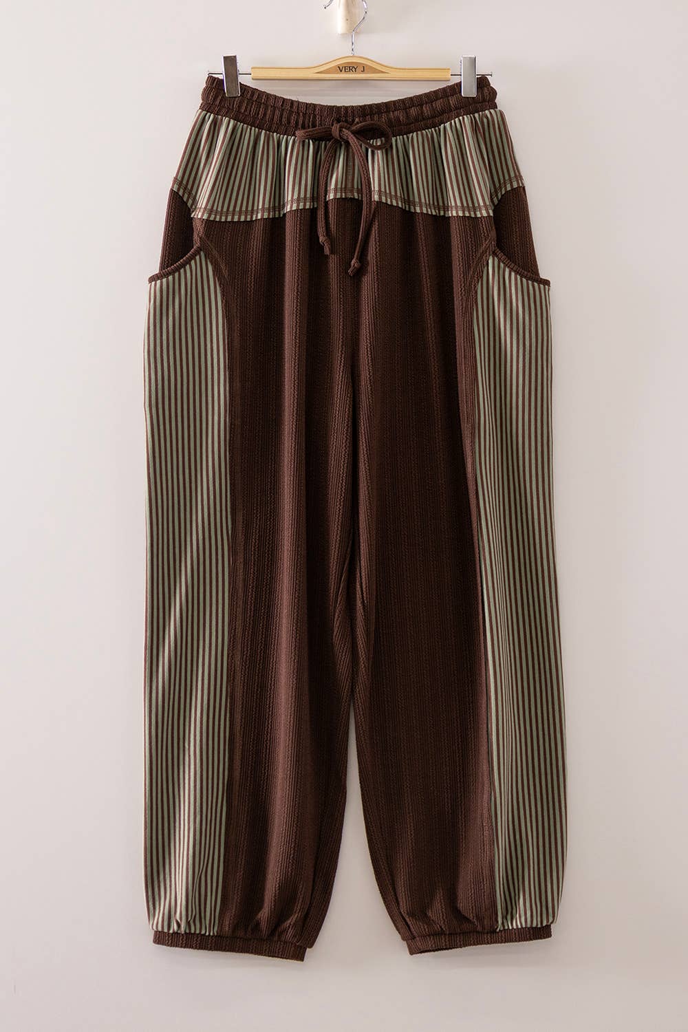 New Me - Contrast Striped Panel Drawstring Joggers - Brown + Green