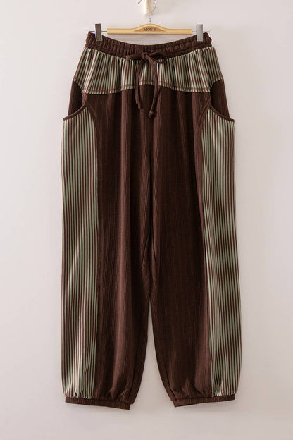 New Me - Contrast Striped Panel Drawstring Joggers - Brown + Green