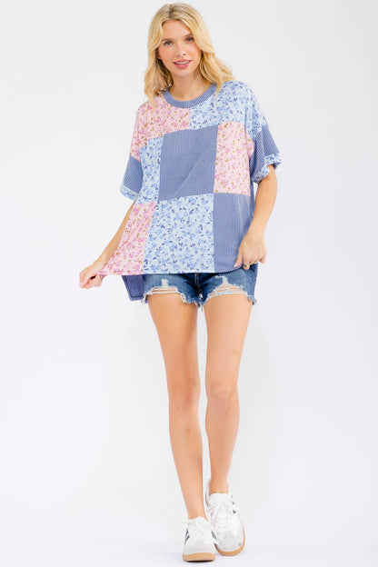 Floral Patchwork Short Sleeve Top Blue