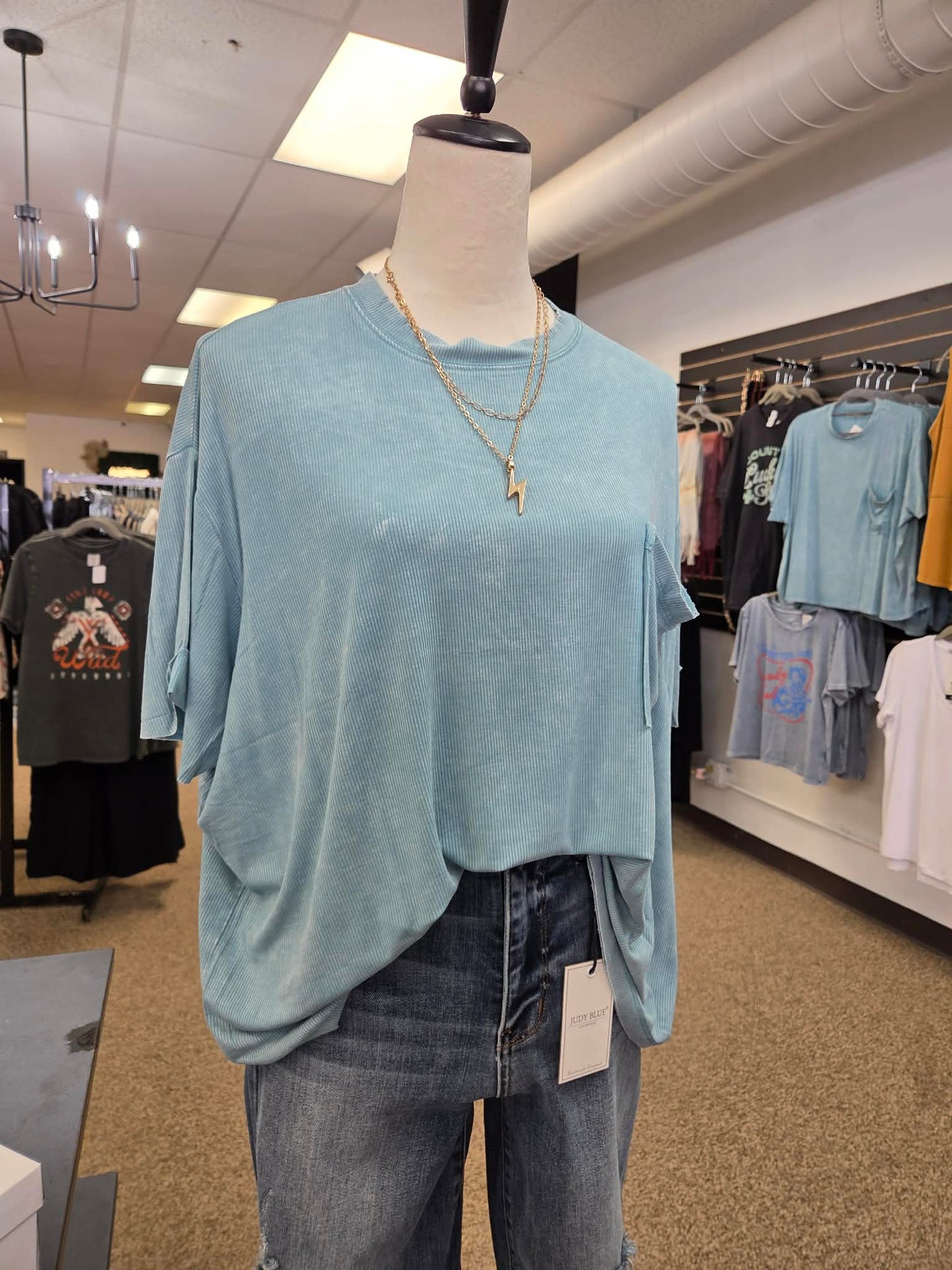 Zenana Washed Ribbed Cuffed Sleeve Slouchy Top | Dusty Teal