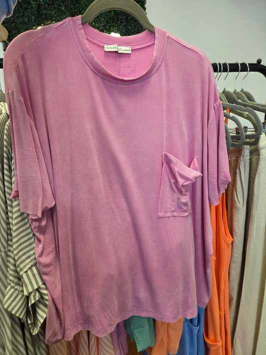 Zenana Candy Pink Washed Ribbed Cuffed Sleeve Tee