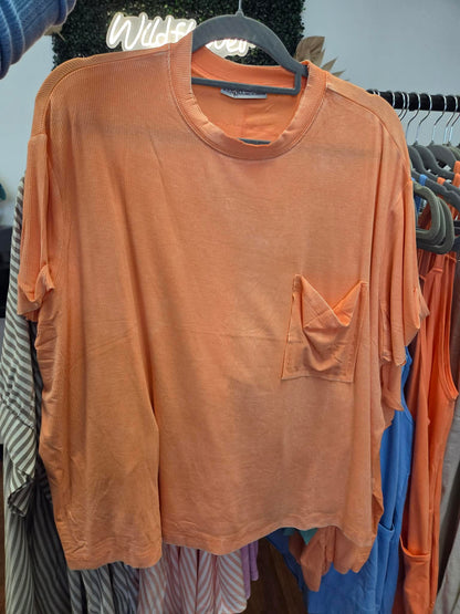Zenana Coral Washed Ribbed Cuffed Sleeve Tee