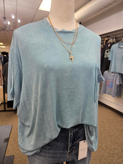 Zenana Washed Ribbed Cuffed Sleeve Slouchy Top | Dusty Teal