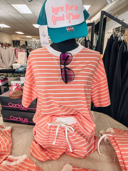 Zenana Striped Round Neck Tee & Shorts Set | Coral