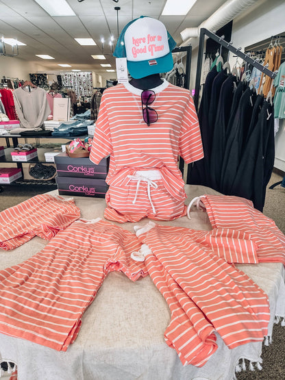 Zenana Striped Round Neck Tee & Shorts Set | Coral