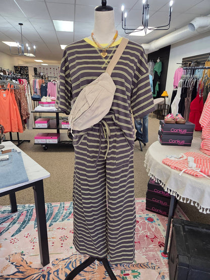 Sewn and Seen Striped Relaxed Fit Knit Top and Wide Leg Pant Set