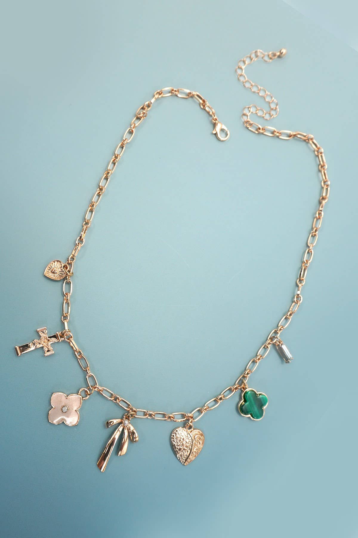 Charm Necklace - Green, Clover, Bow, Heart