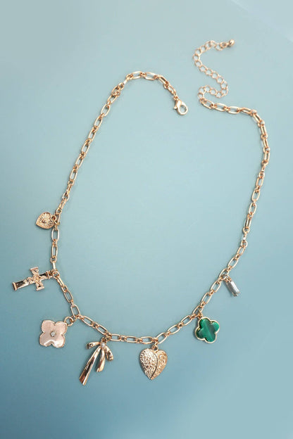Charm Necklace - Green, Clover, Bow, Heart
