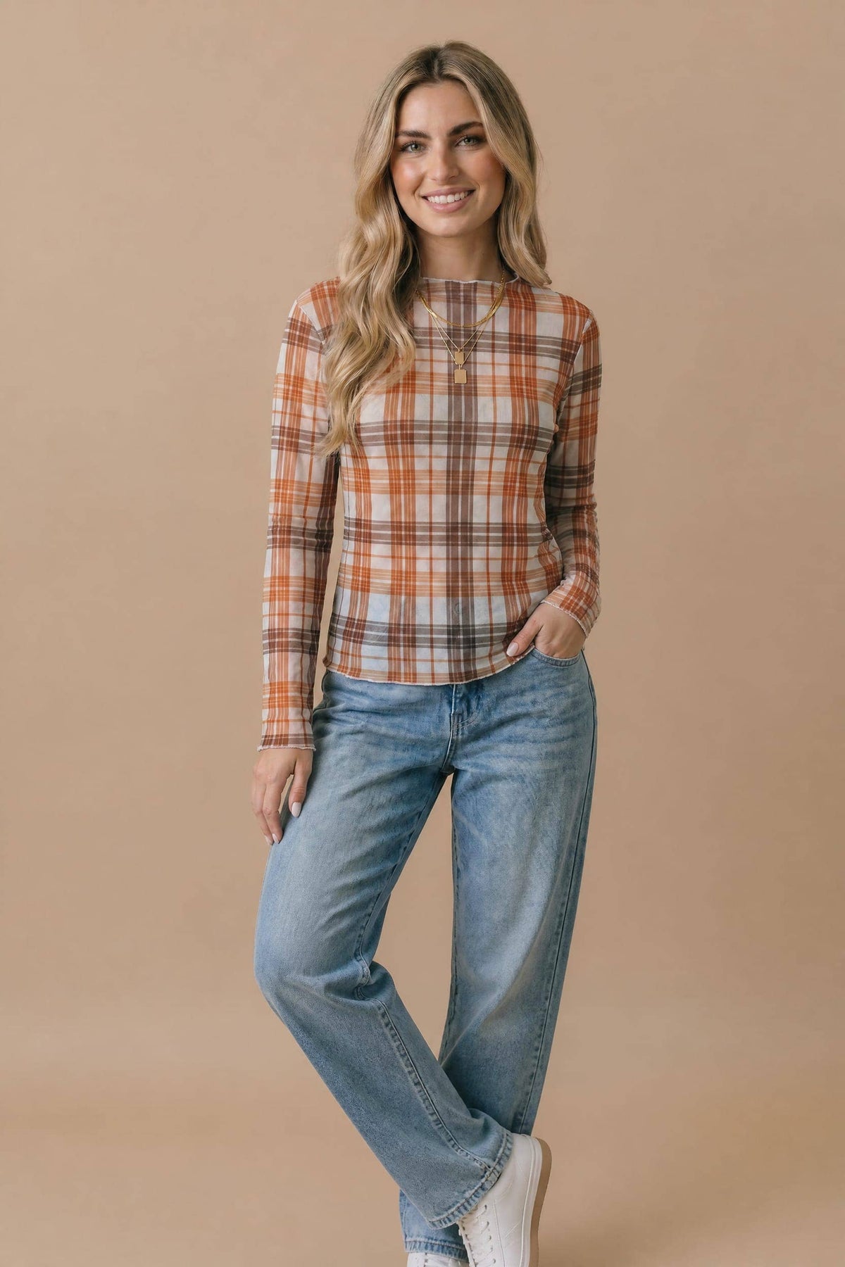Haptics - Plus Plaid Mesh Semi Sheer Top