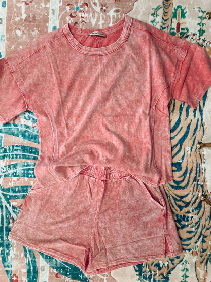 Zenana Red Washed Short Set