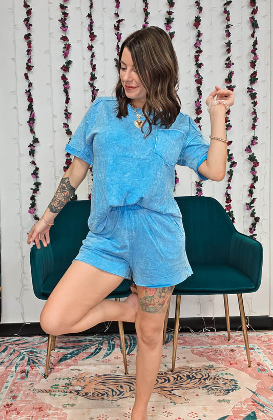 Zenana Exposed Seam Washed Short Set - Blue