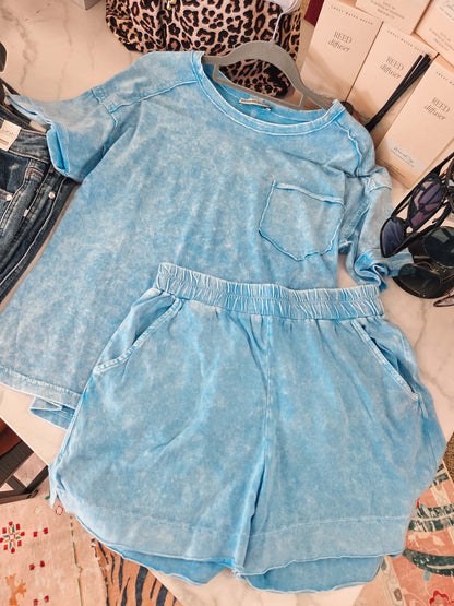 Zenana Exposed Seam Washed Short Set - Blue