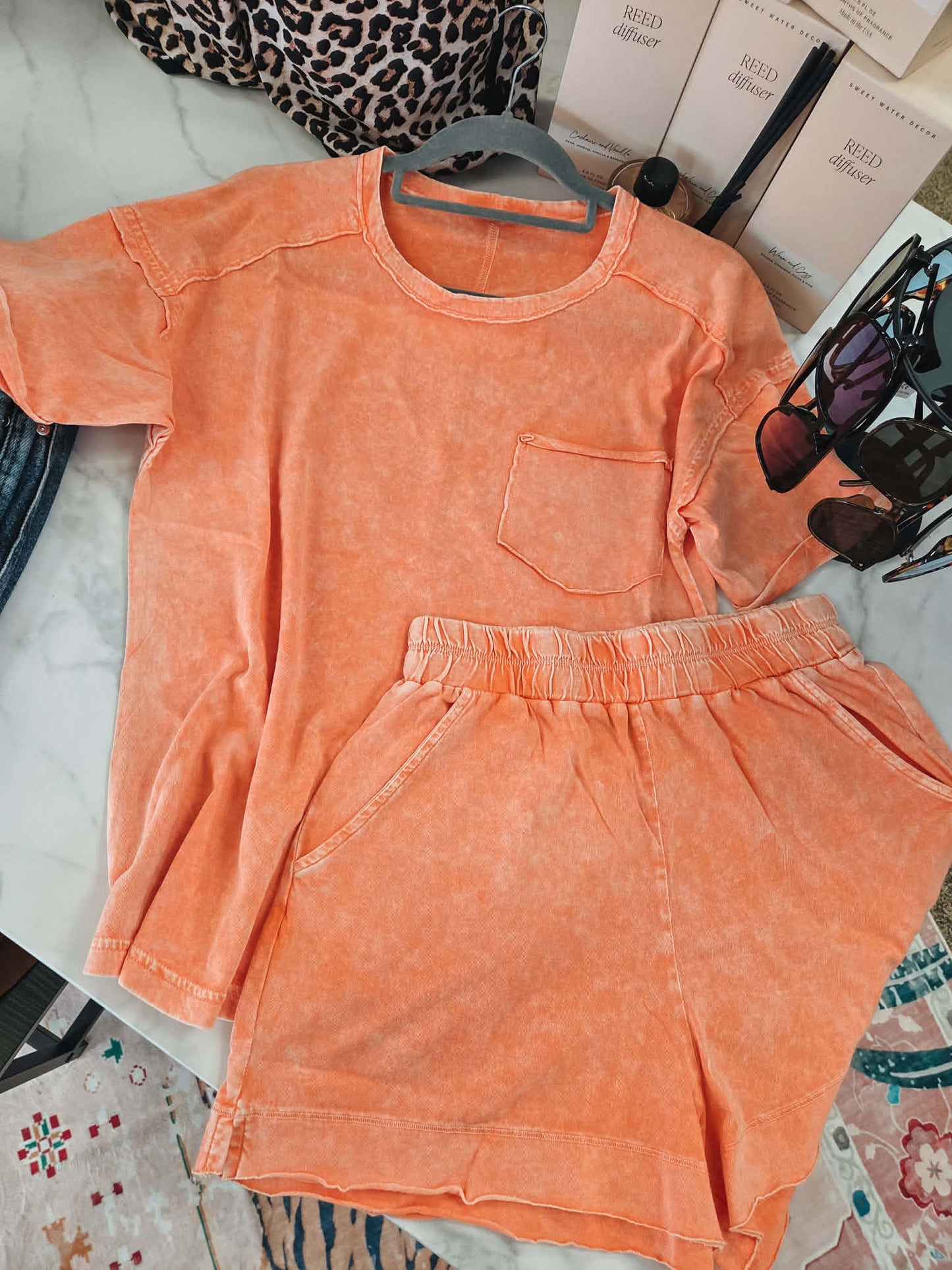 Zenana Exposed Seam Washed Short Set - Orange