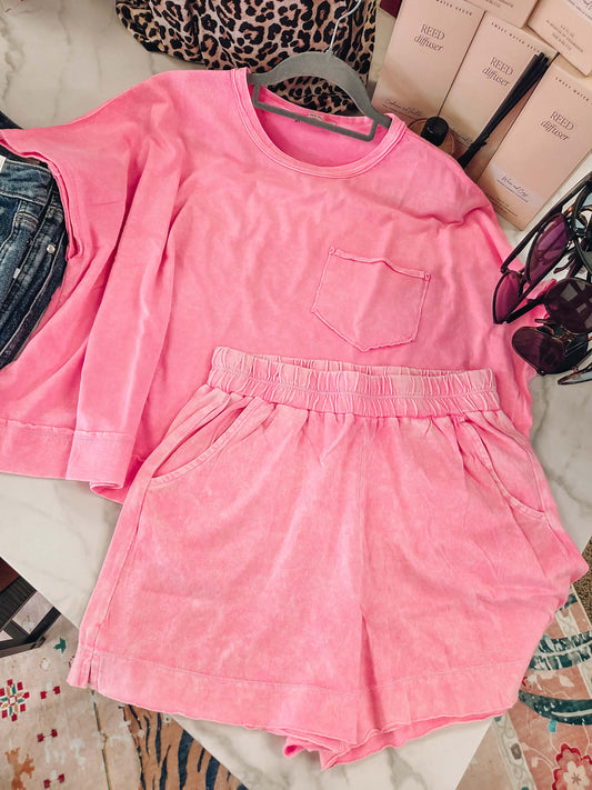 Zenana Boxy Top Washed Short Set - Pink