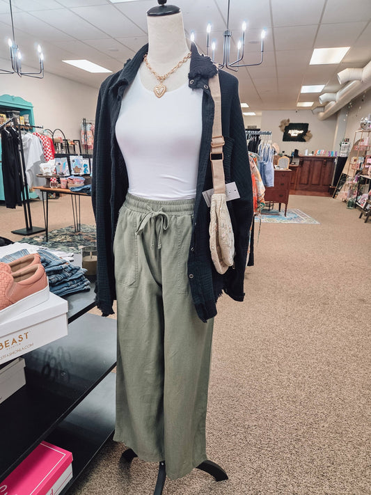 Linen Wide Leg Pants - Olive