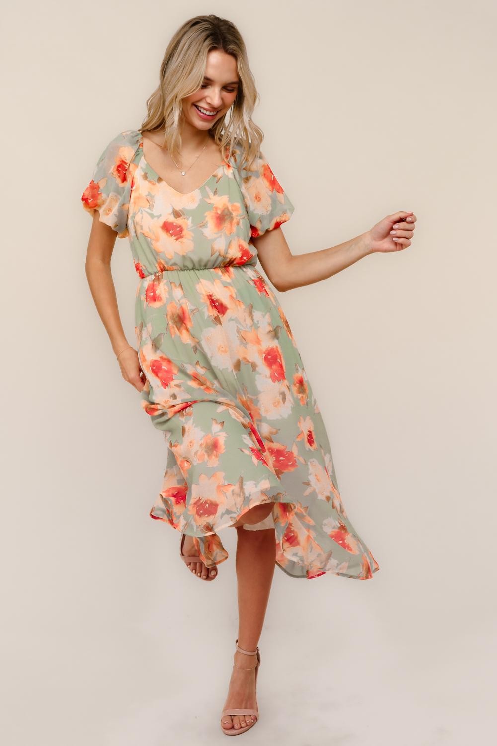 Haptics Sage Floral Chiffon Dress