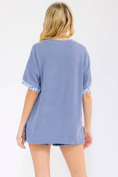 Floral Patchwork Short Sleeve Top Blue