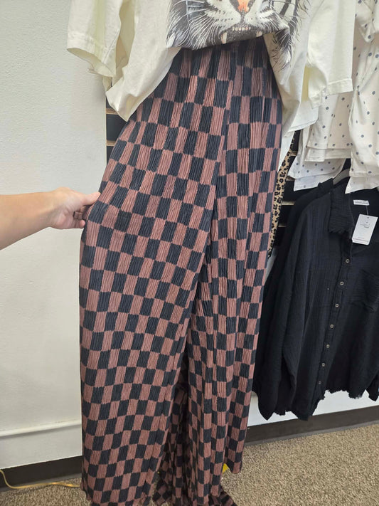 Retro Checkered Wide Leg Pants - Brown + Black