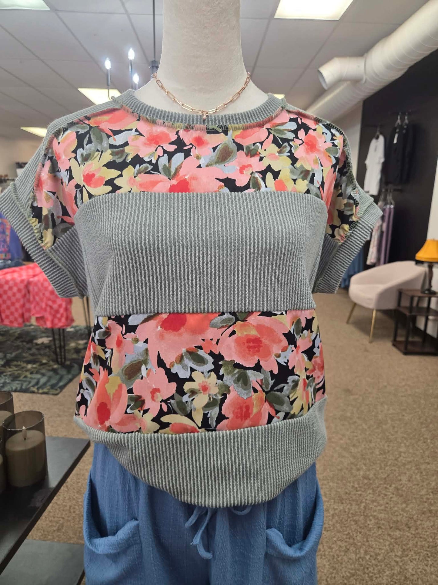 Rib Knit Floral Striped Short Sleeve Top