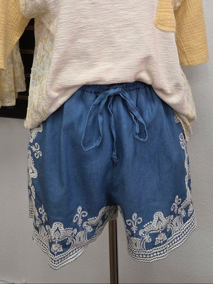Washed Chambray Embroidered Shorts