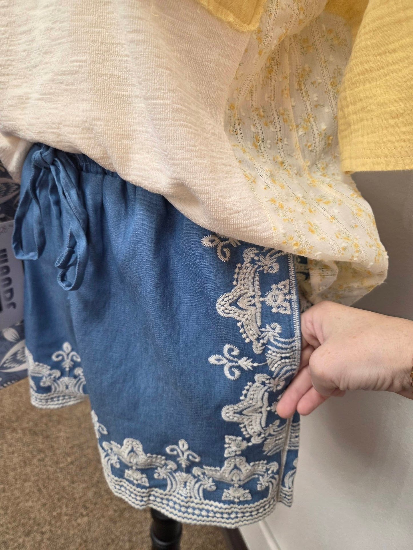 Washed Chambray Embroidered Shorts