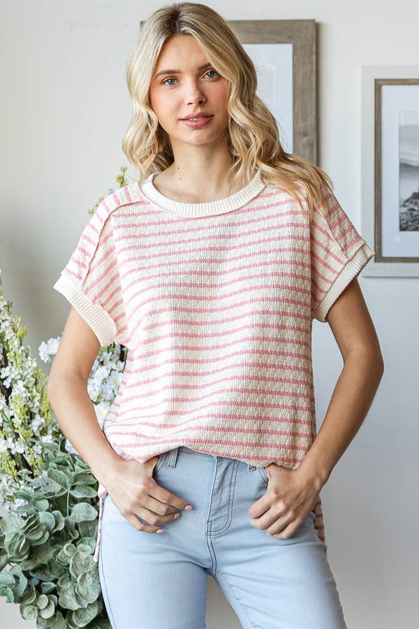 Pink Stripe Textured Short Sleeve Top