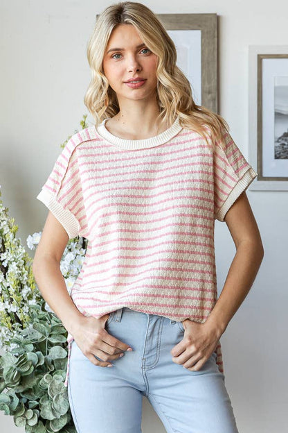 Pink Stripe Textured Short Sleeve Top