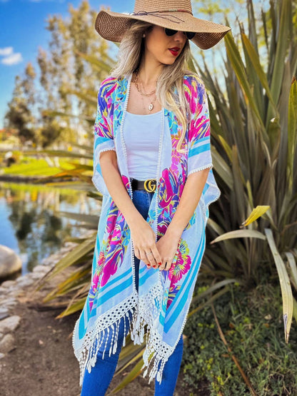 White Multi Floral Print Lace Detail Tassel Bottom Kimono