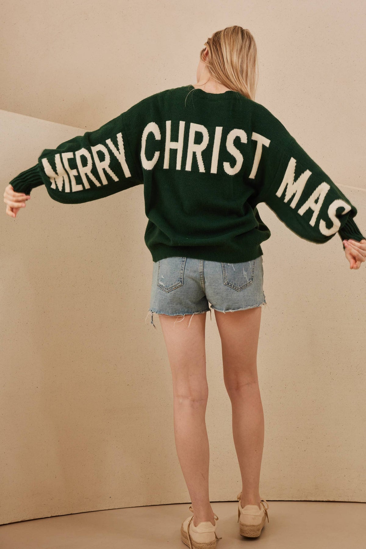 Mello - Oversized Christmas Sweater with Lettering - Green