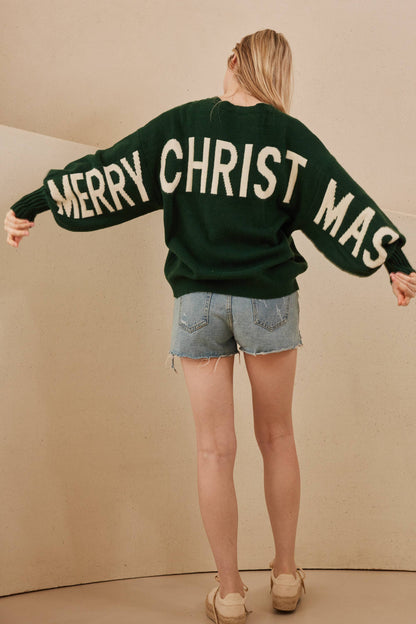 Mello - Oversized Christmas Sweater with Lettering - Green