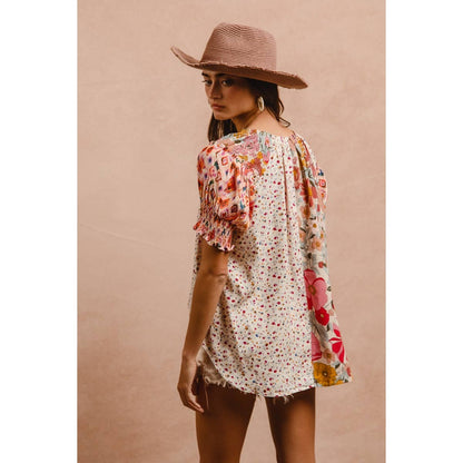 Bibi Woven Print Mix Match Peasant Top