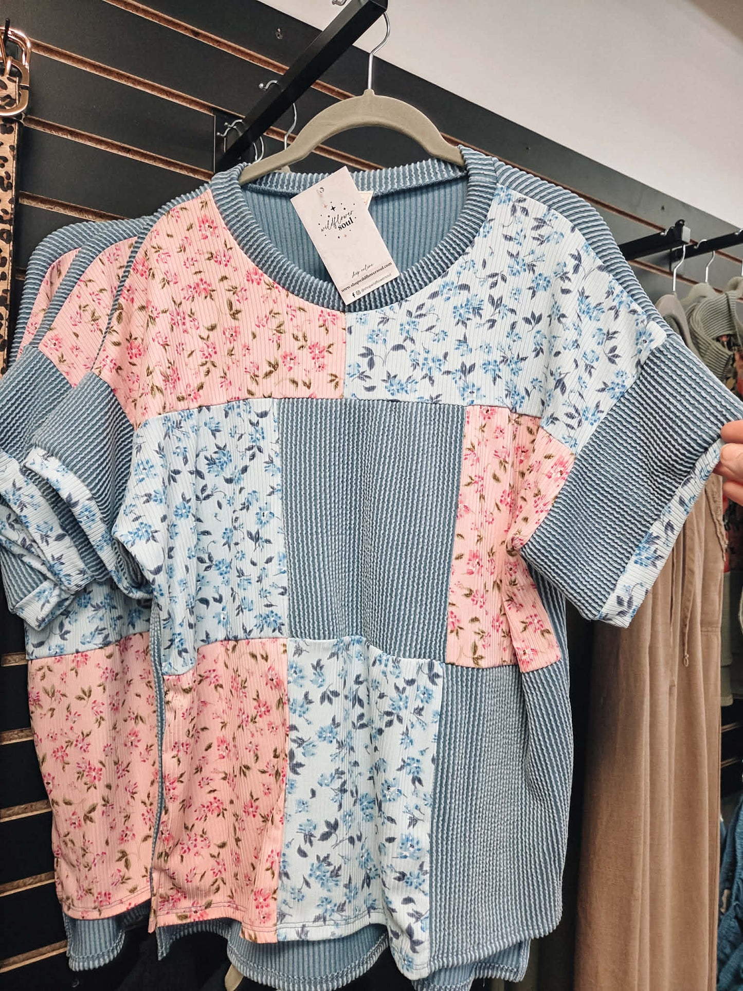 Floral Patchwork Short Sleeve Top Blue
