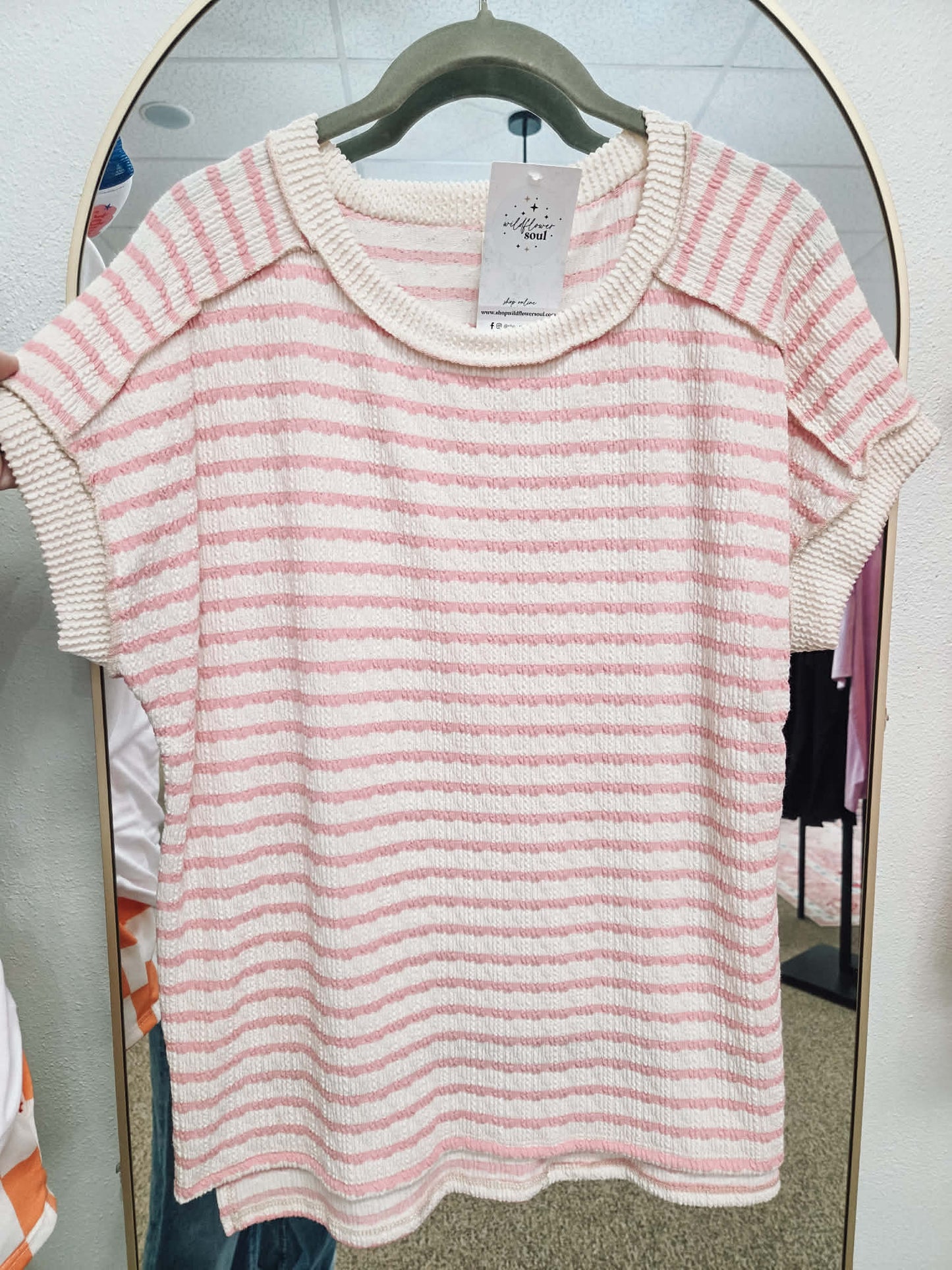 Pink Stripe Textured Short Sleeve Top
