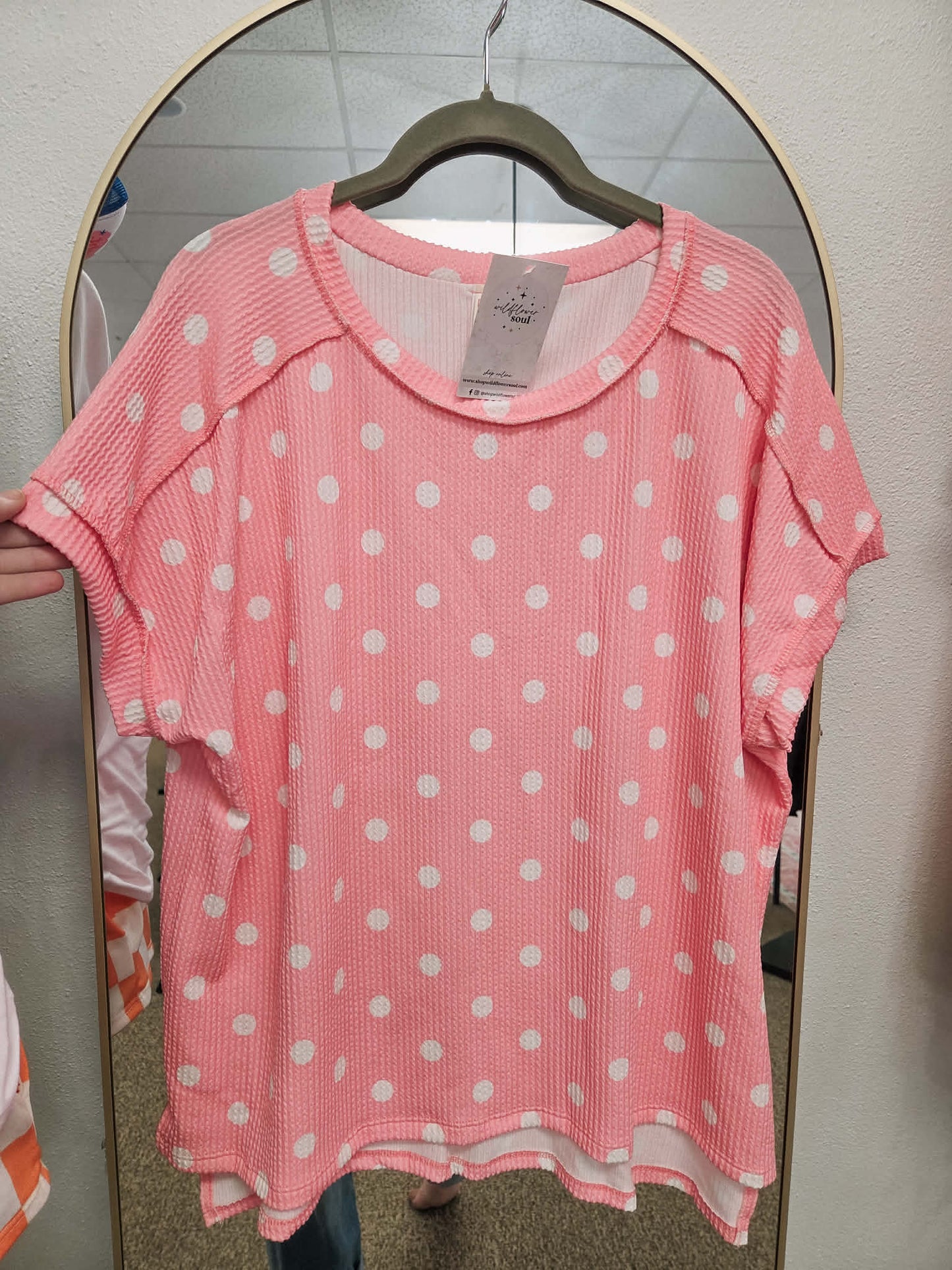 Polka Dot Rib Knit Short Sleeve Top Pink