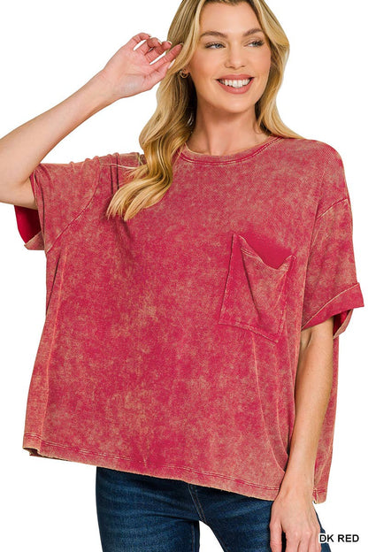 Zenana Red Washed Ribbed Cuffed Short Sleeve Round Neck Top