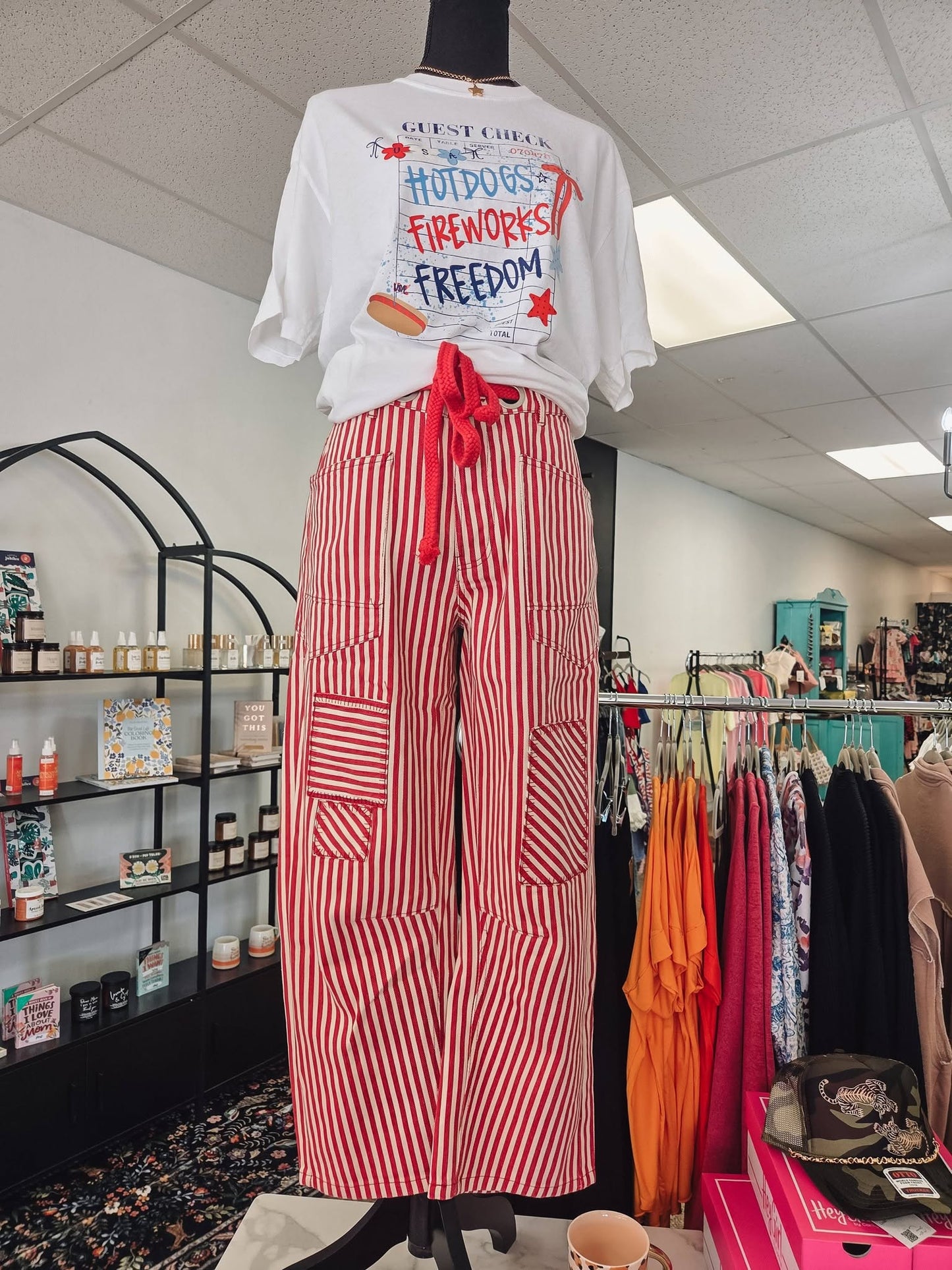 Striped Twill Barrel Pants - Red