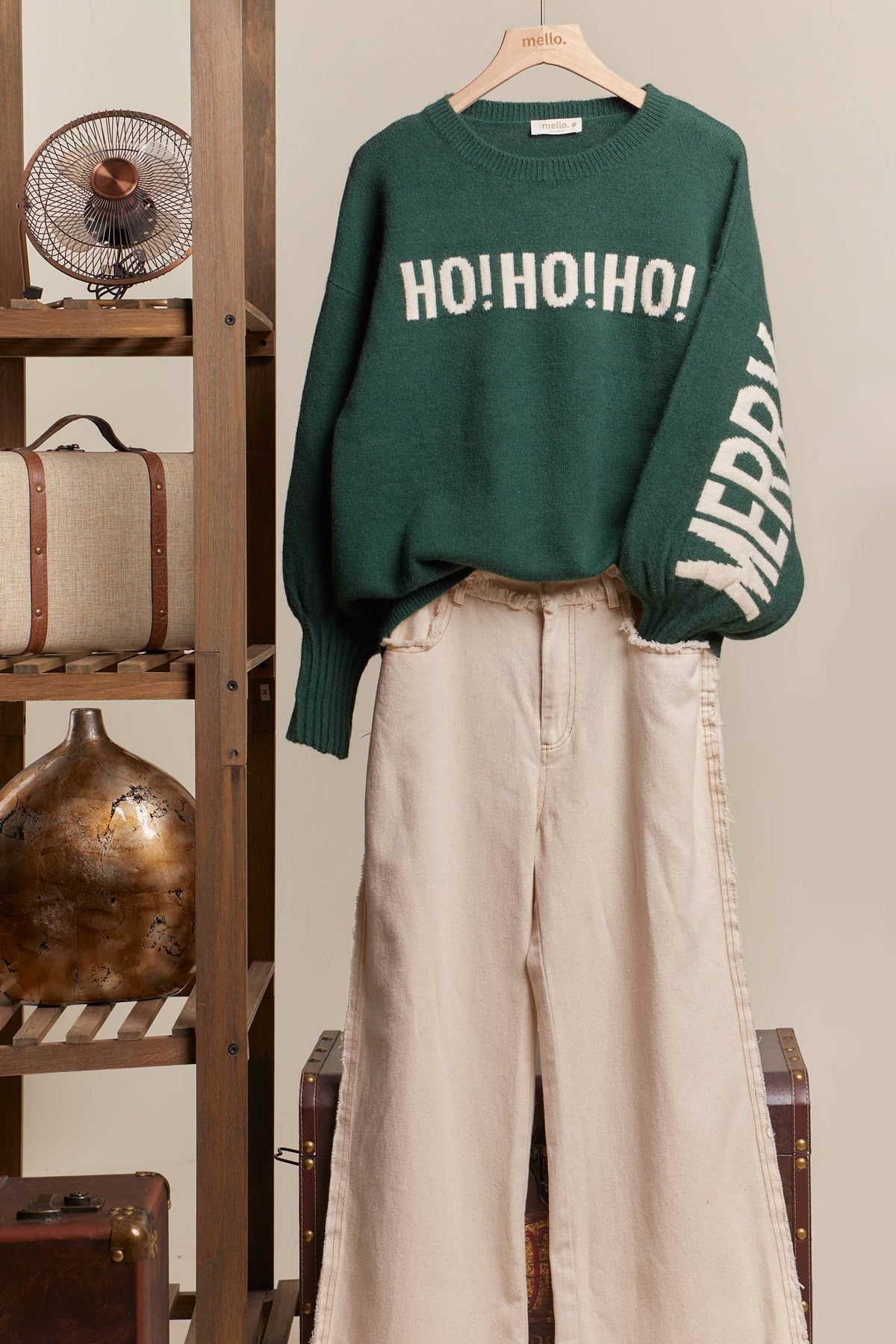 Mello - Oversized Christmas Sweater with Lettering - Green